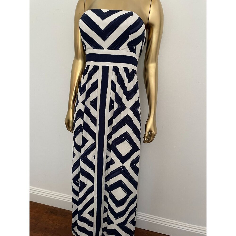 Vineyard Vines Diamond Print Maxi Dress Blue Strapless Elegant Lined Size 0 Reso
